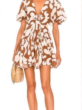 House of Harlow 1960 Brown & White Tie-Front Babydoll Dress